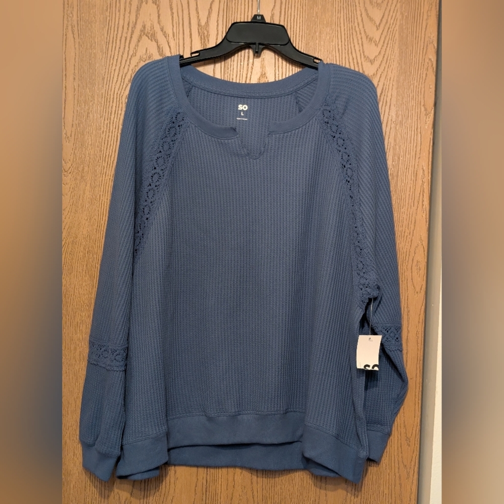 SO Navy Waffle Knit Top With Delicate Lace Accents